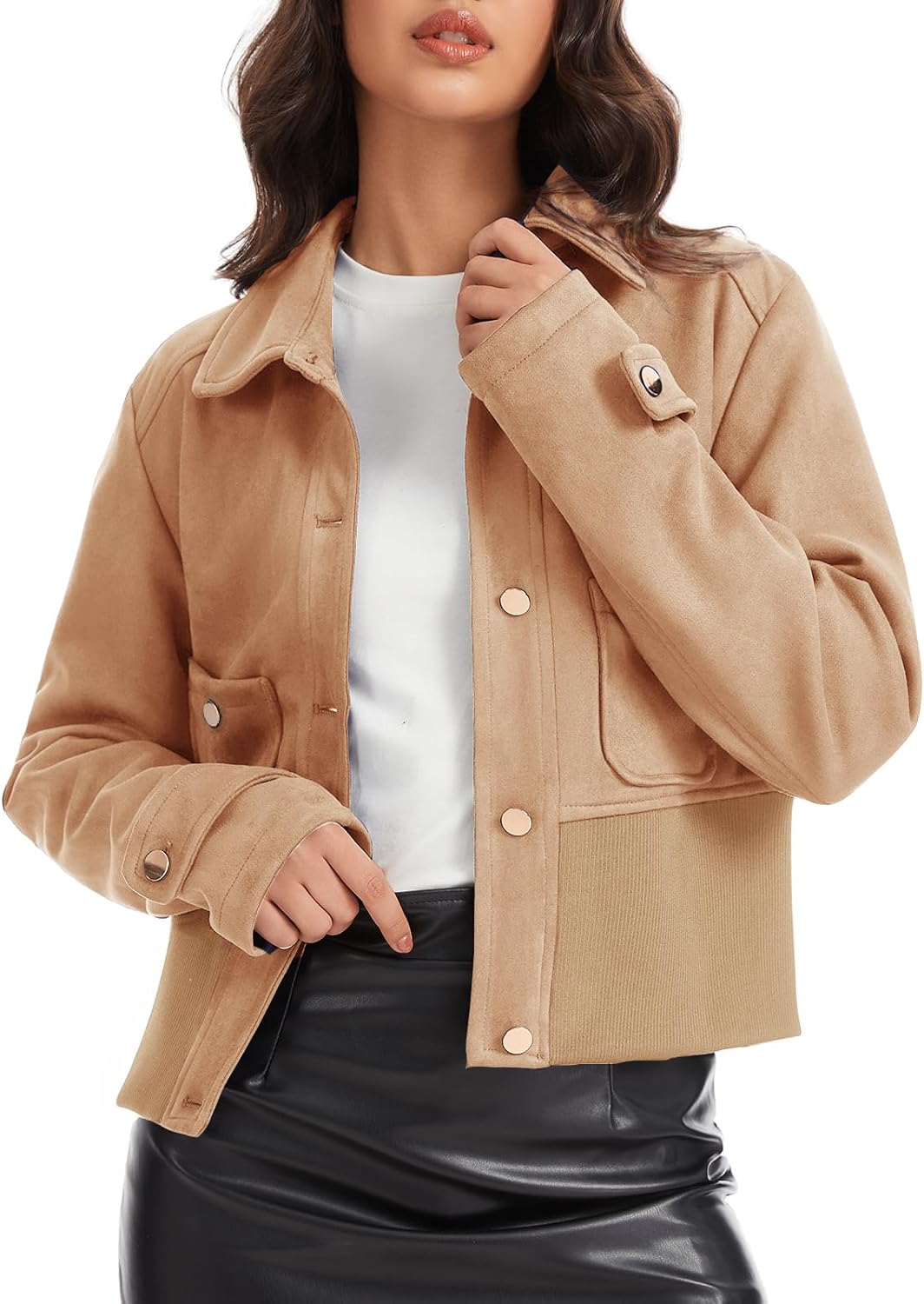 Moreone Women's Faux Suede Cropped Bomber Jacket for Women, Lightweight Button Down Spring Coat with Pockets