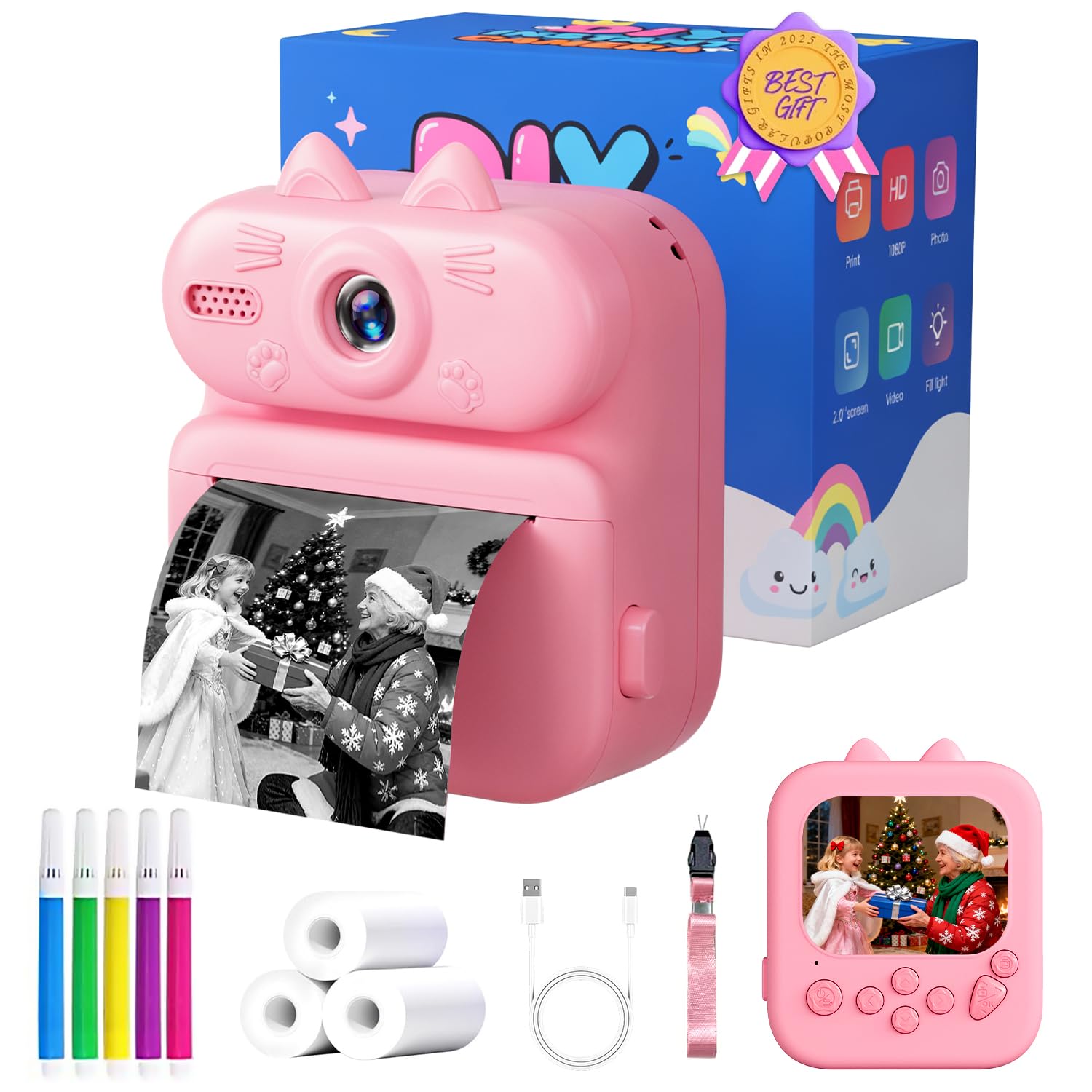 CAMCLID Kindercamera Direct Printen, 2.5K UHD/48MP Instant Camera voor kinderen, 3,0 Kids Digitale Camera met 32GB Card, Kerst Verjaardag Speelgoed Cadeaus voor Meisjes Jongens 3-12 jaar oud (Wit