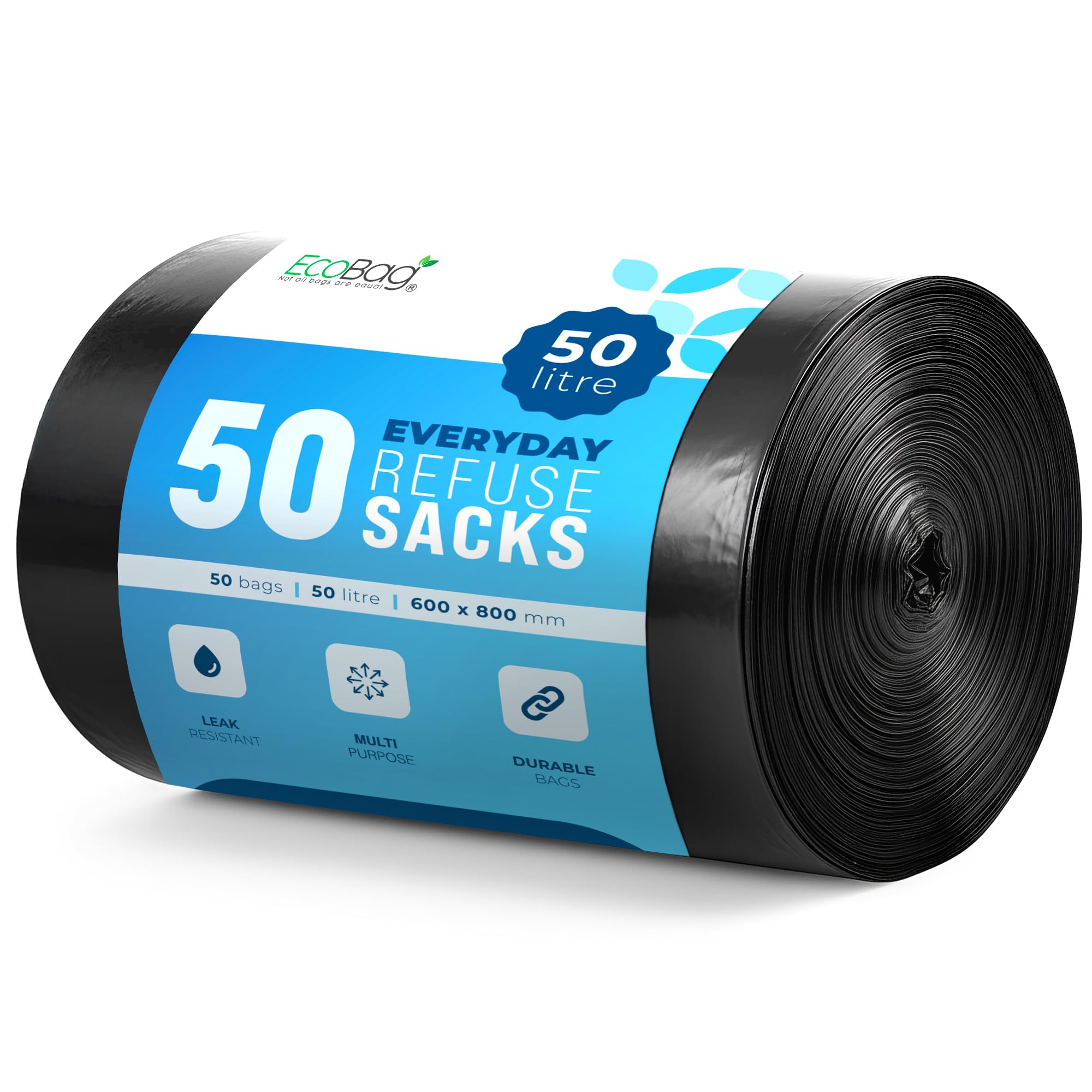 EcoBag - Extra Strong Heavy Duty Refuse Sacks - Recyclable Bin Bags, Leak Resistant, Eco-Friendly, Durable Waste Disposal Bags for Household & Commercial Use (50L, Everyday (30 μm))