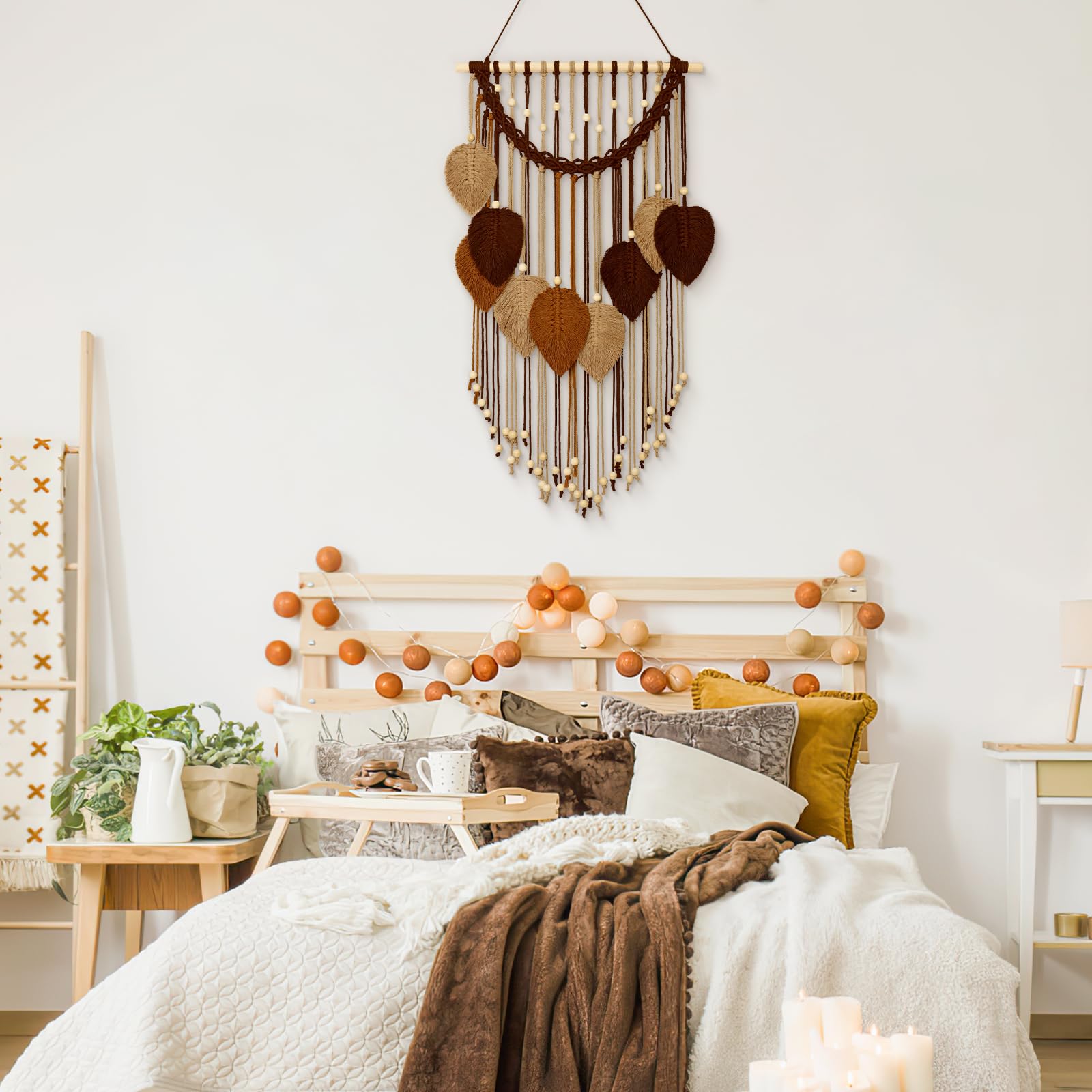 Weldomcor Makrama, wiszący gobelin ścienny, boho, liść, boho, szykowny, dekoracja domu, nowoczesna, ręcznie robiona, liście, pióra, artystyczne dekoracje ścienne do sypialni, salonu, mieszkania