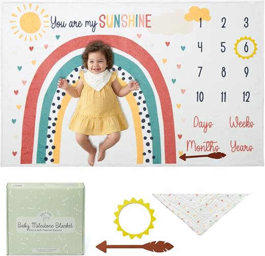 Bliss n' Baby Monthly Milestone Blanket for Baby Girl - 60"x40" - Wrinkle Free Baby Age Month Blanket with Growth Chart - Washable & Dryable - w/Wreath & Headband - Floral Theme