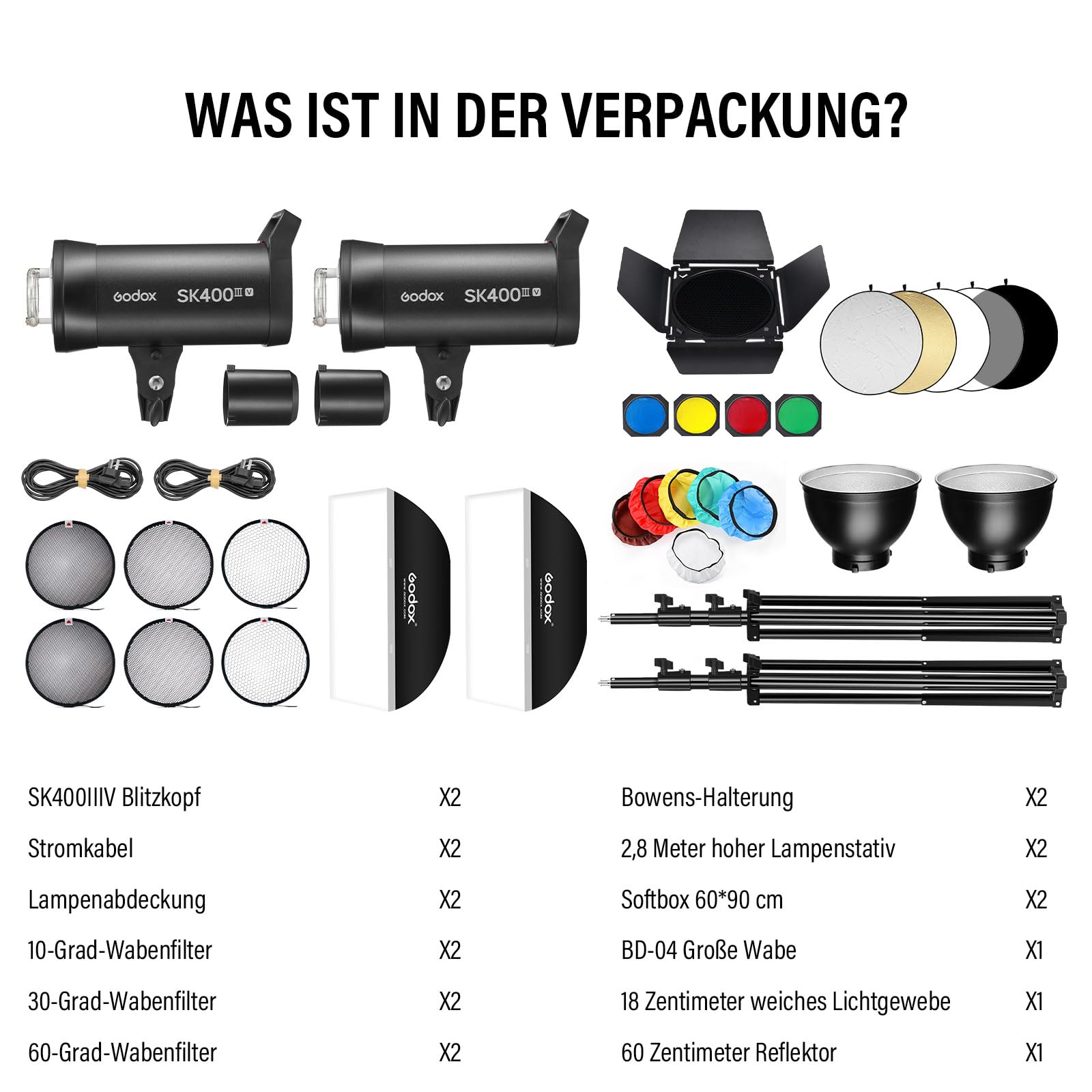 Godox 2Pack SK400IIIV 400Ws LED-Videoleuchtenset 5700±200K Dauerlicht-Set mit Lampenstativ Softbox mit Gitter Bowens-Mount Standardreflektor für Studio Videoaufnahme Livestreaming Podcast (2 Stück)