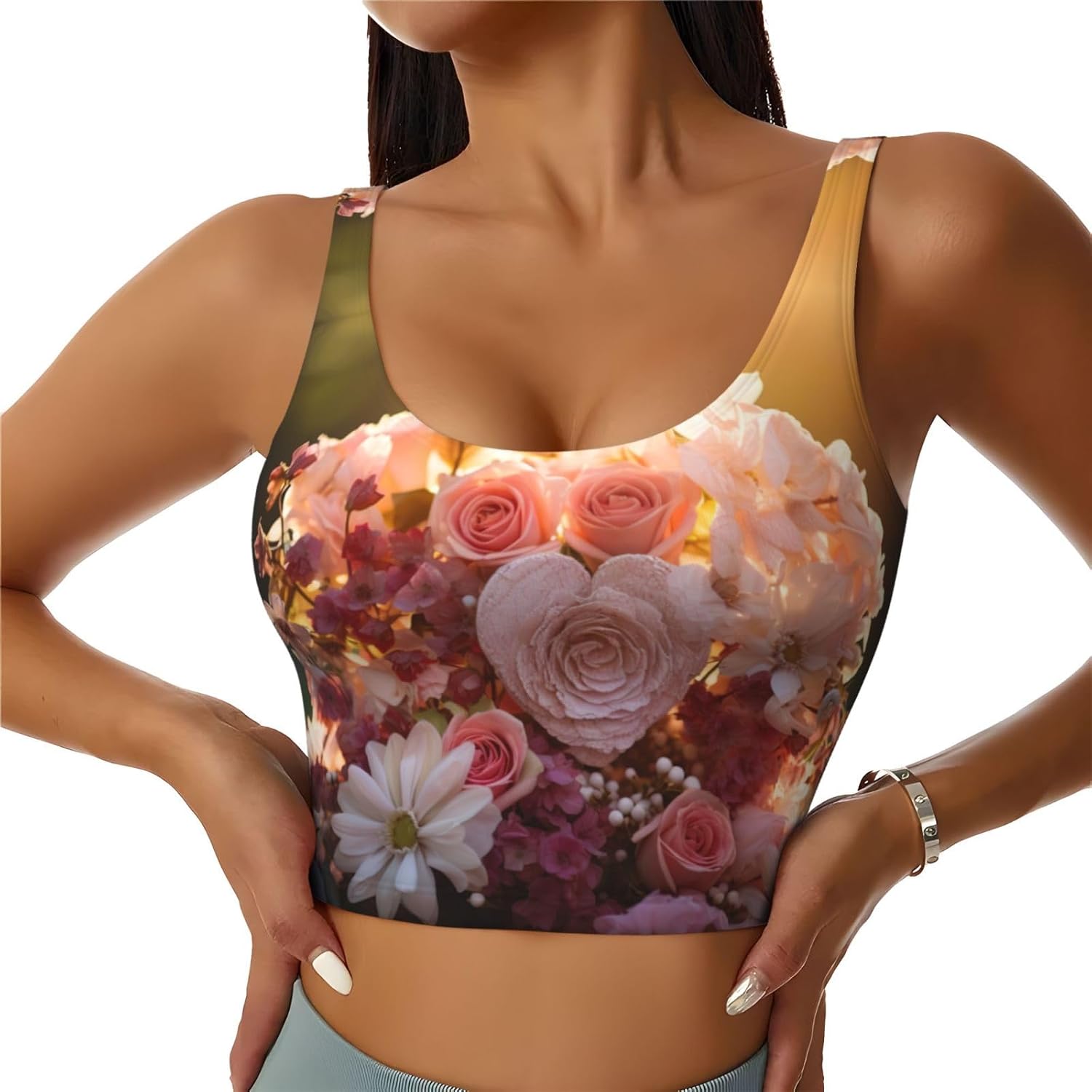 Heart Bouquet Print Sports Bras for Women Funny Yoga Crop Tank Tops for Exercise Running Cycling Gym