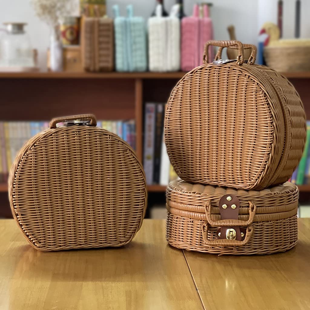 Cestino da picnic intrecciato a mano, con manici, in finto vimini, borsa in vimini, vintage, per cibo, frutta, torta lunare