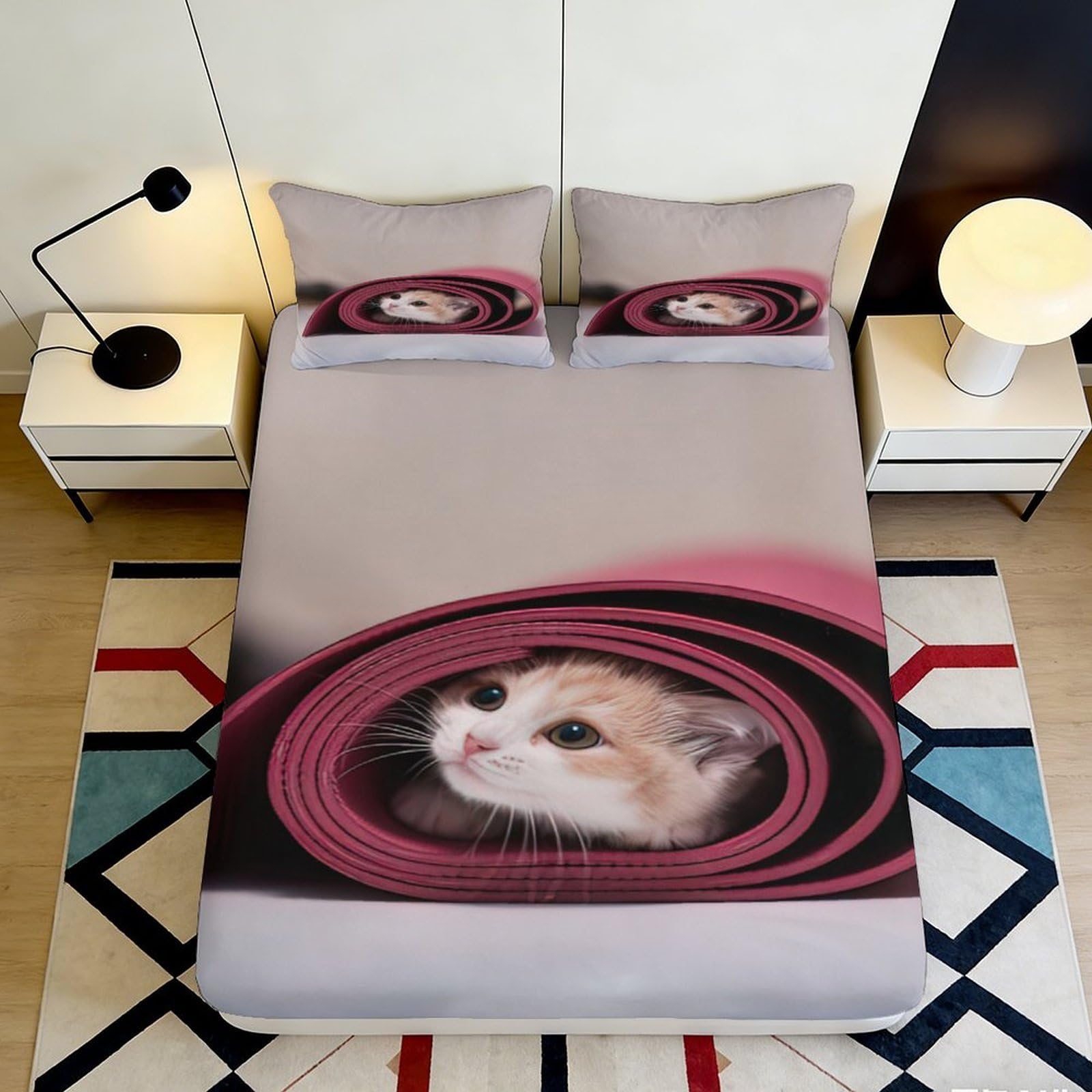 Decor Cat 3D Printed Fitted Sheet, Soft Touch Microfiber, Wrinkle Resistant, Bed Cover for Bedroom, Guest Room, Easy Care, Apartment Bedding, 118 Characters 90x200x25cm