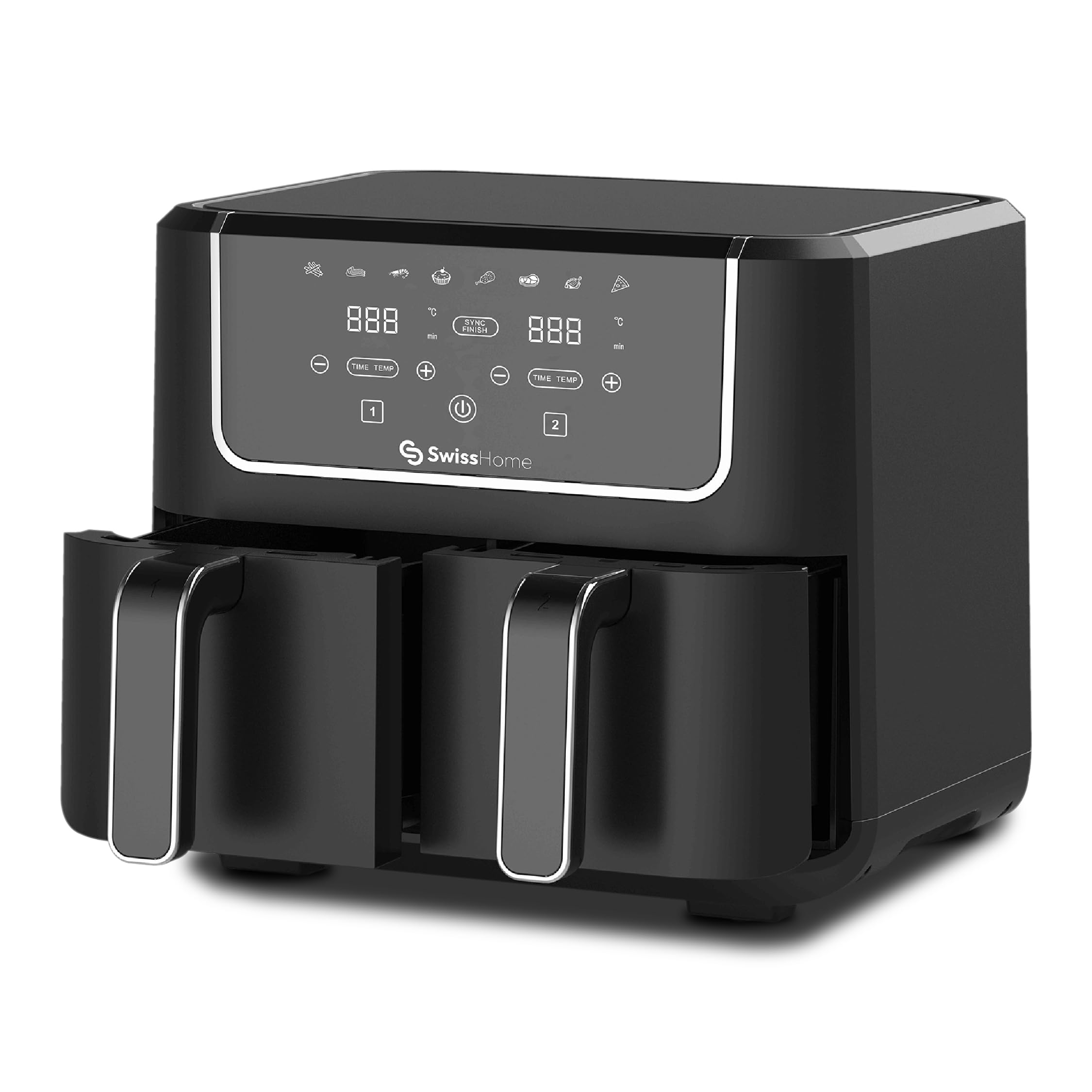 Freidroa de aire de 2100W y 2 Ollas de 3L con 8 Funciones, revestimiento antiadherente y pantalla LED SwissHome
