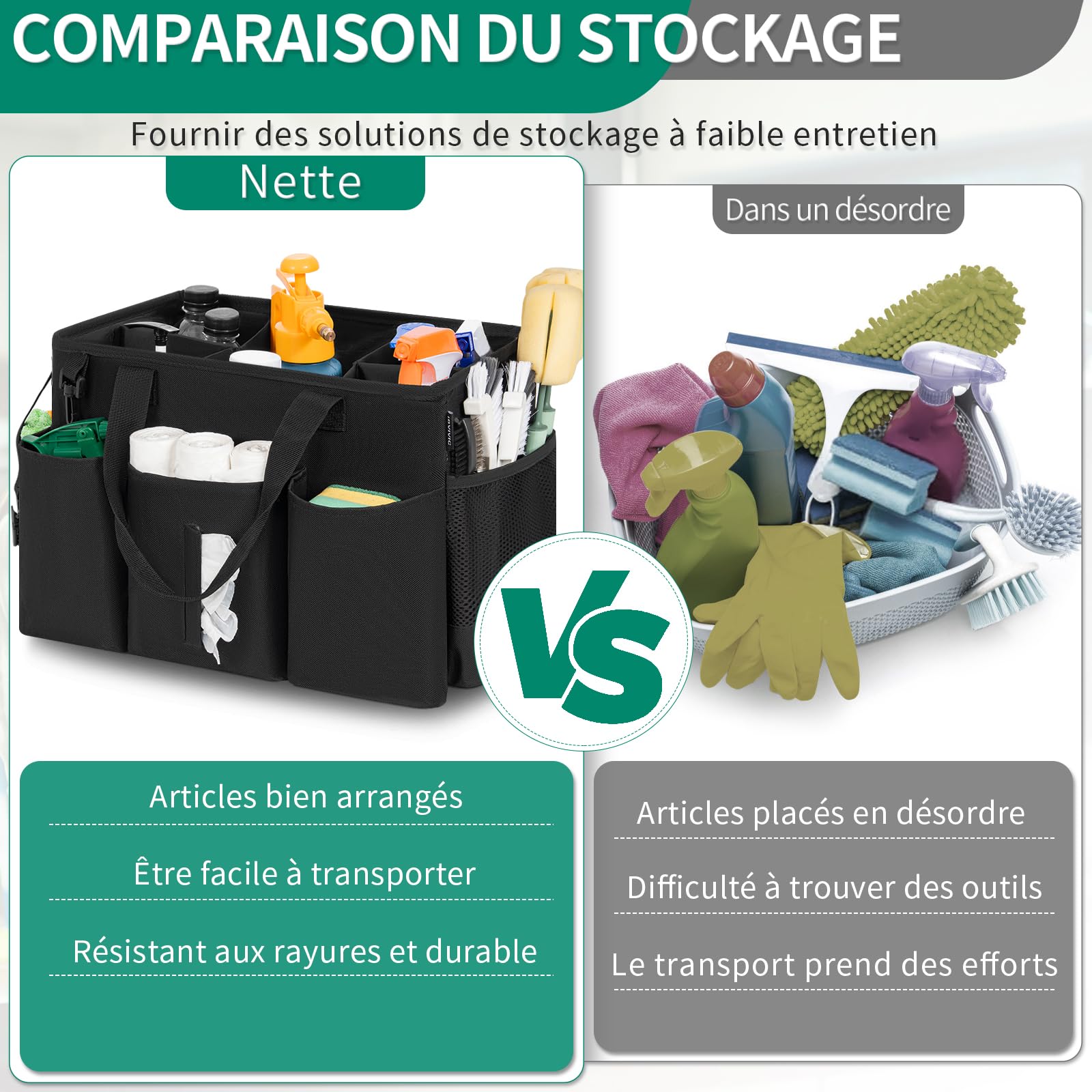 Sac de Nettoyage Portable, Sac Fourre-Tout de Nettoyage avec Poignée et Bretelle, Organiseur de Fournitures de Nettoyage avec Coussin Rigide et 4 Séparateurs pour Femme de Menage, Nettoyeur