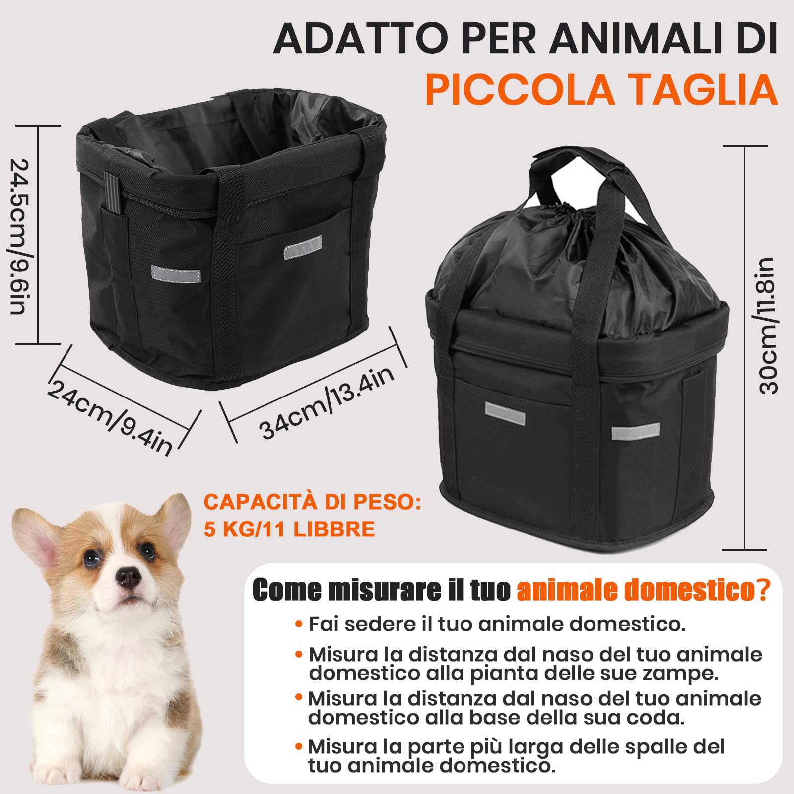 Cestino Anteriore per bici Multiuso per Animali Domestici, Pieghevole Borsa a Mano, Shopping e Outdoor (Nero)
