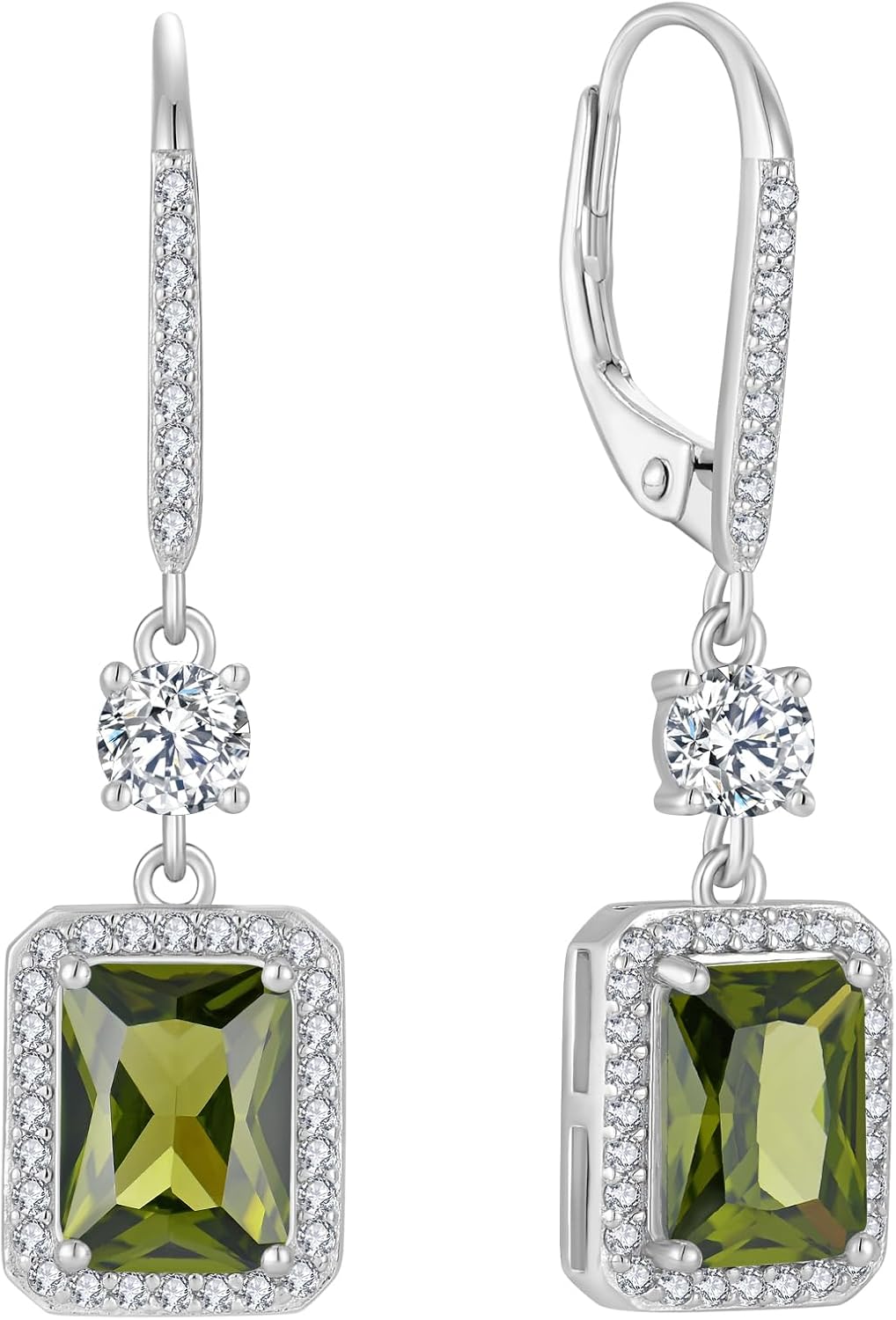 FJ Princess Cut Dangle Drop Earrings 925 Sterling Silver Square Halo Leverback Earrings Birthstone Jewelry for Women