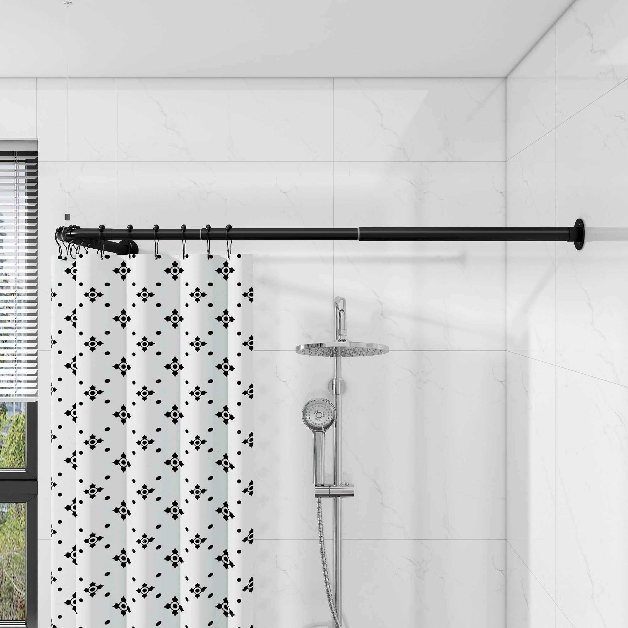 L Shaped Shower Curtain Pole, Curved Shower Curtain Rail, 62-122cm x 62-122cm Telescopic Rod for Bathroom Bathtub, Stainless Steel with 12 Ring Hooks & Ceiling Support (Black)