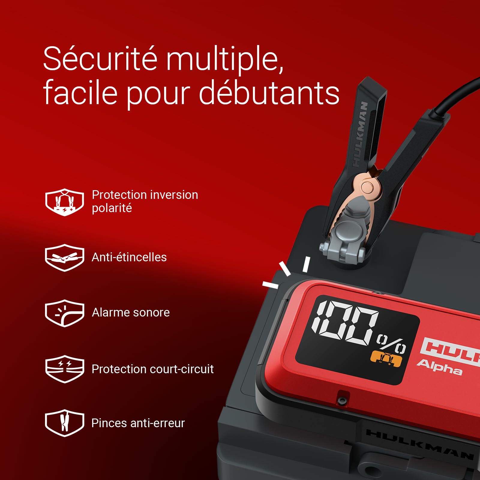 HULKMAN Alpha Ultra Red Démarreur 1000A 37Wh,Compact et Élégant,Boîtier de Démarrage 12V avec Câbles,Recharge Complète en 45 Min, Veille 24 Mois,IP65, Écran LED,pour Moteurs Essence 6.5L / Diesel 3.0L
