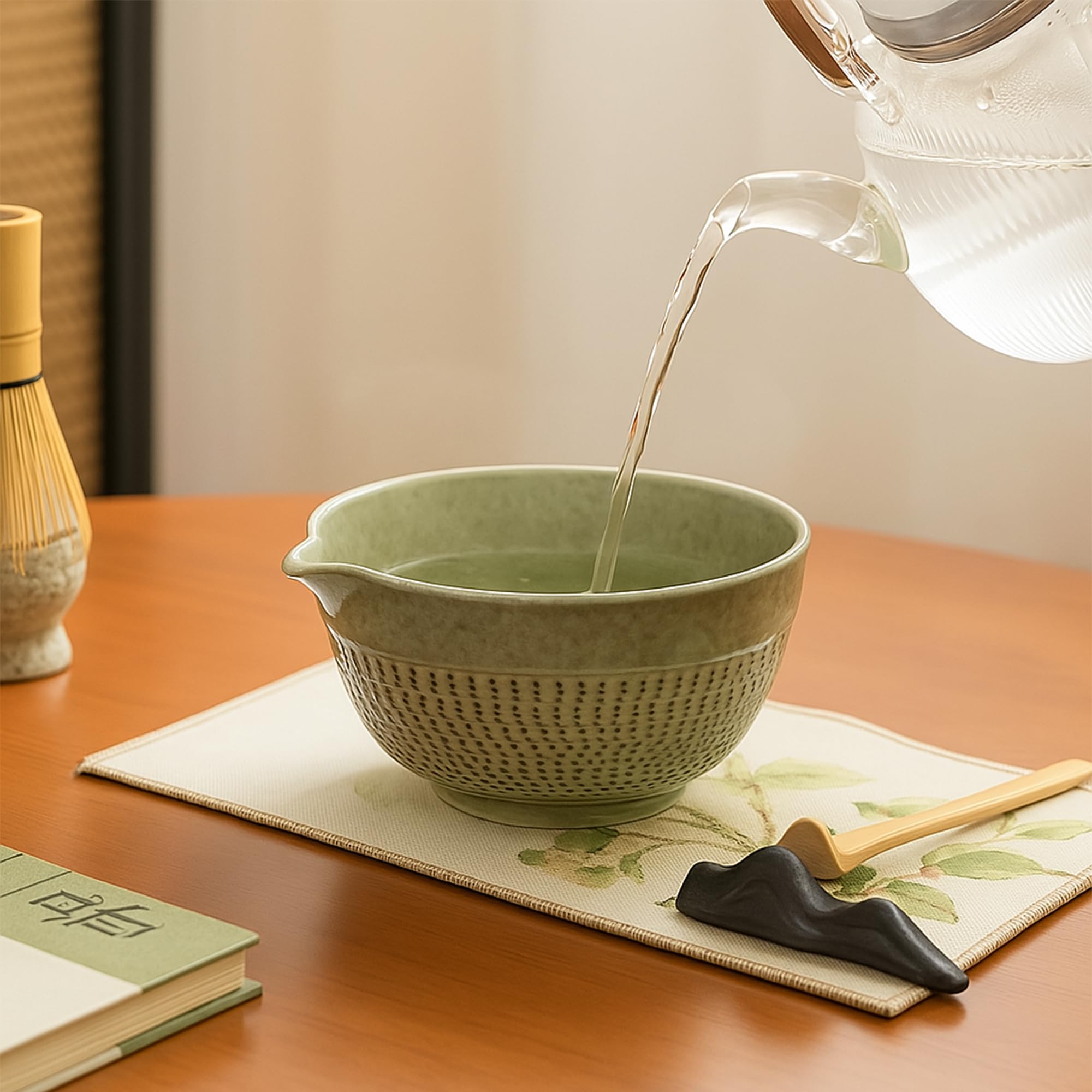 Matcha Set 7-teilig – Premium Tee Set mit Keramik Matcha Schale, Bambus Schneebesen (Chasen), Sieb & Löffel – Japanisches Matcha Zubehör Geschenkset (Green)