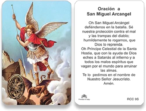 Holy Lines Tarjeta de oración con revestimiento de plástico de San Miguel Arcángel con oración a San Miguel en la parte posterior