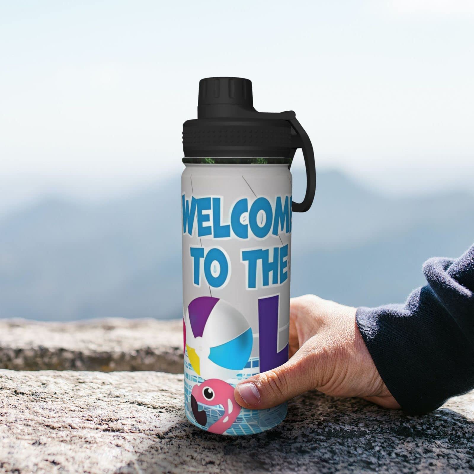 Flamingo und Schwimmbad-Sport-Wasserflasche, 510 ml, isolierte Edelstahl, auslaufsichere Wasserflasche für Reisen, Fitnessstudio, Büro