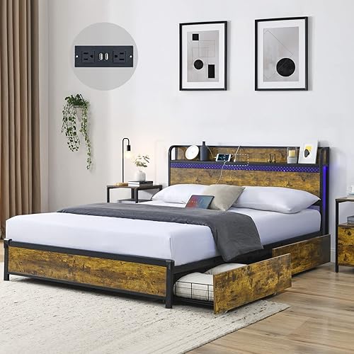 Alohappy Full Size Bed Frame with 4 Storage Drawers LED Bed Frame with Outlets and USB Ports Metal Platform Bed Frames Full with Headboard No Box disponible en Yaxa Colombia