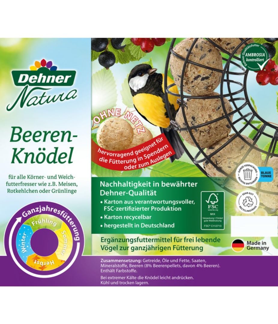 Dehner Natura Premium Meisenknödel ohne Netz, Beerenknödel, ganzjähriges Wildvogelfutter proteinreich / energiereich, im Eimer, 100 Stück je 90 g (9 kg)