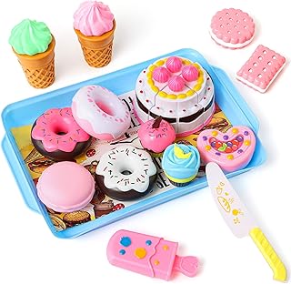 LOVESTOWN Pretend Desserts Food Toy, 15 PCS Play Food Desserts Set for Kids Kitchen, Play Dounts for Toddlers,Toy Food Ice Cream Cupcake Baking Plastic Play Food for Girls Boys Birthday Gift