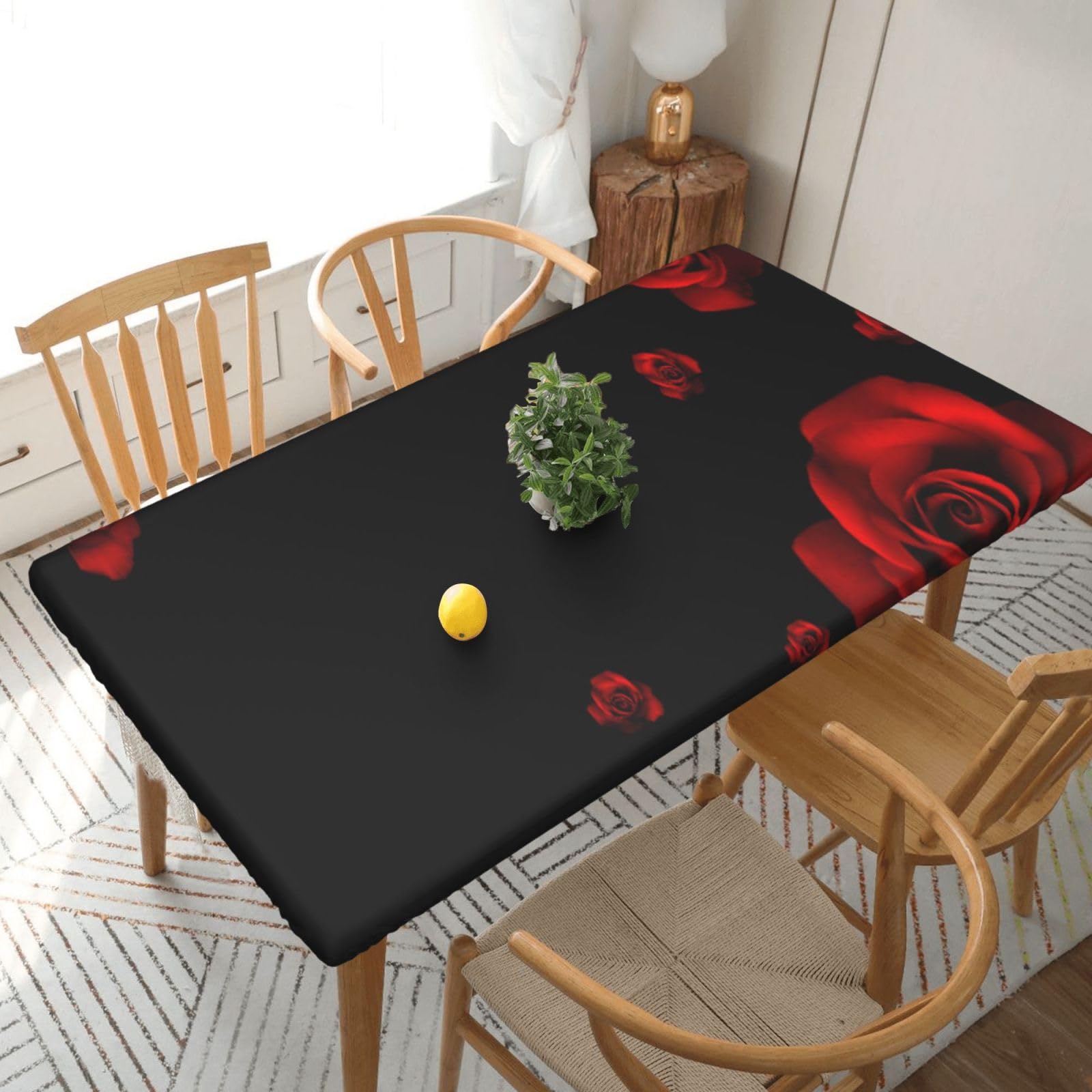 BNVSADC Red Rose Black Background Printed 5FT Tablecloth Polyester Kitchen Water Resistant Table Cloth Dining Table Decoration Table Covers, 152x76 CM