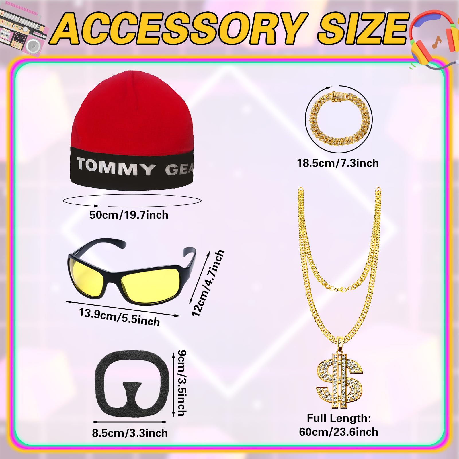 Disfraz de los años 90 para adultos, conjunto de concha amarilla de los años 80 y 90, disfraz de Ali G, divertido traje de rapero con collar, gafas y barba, juego de 6 piezas para fiesta de