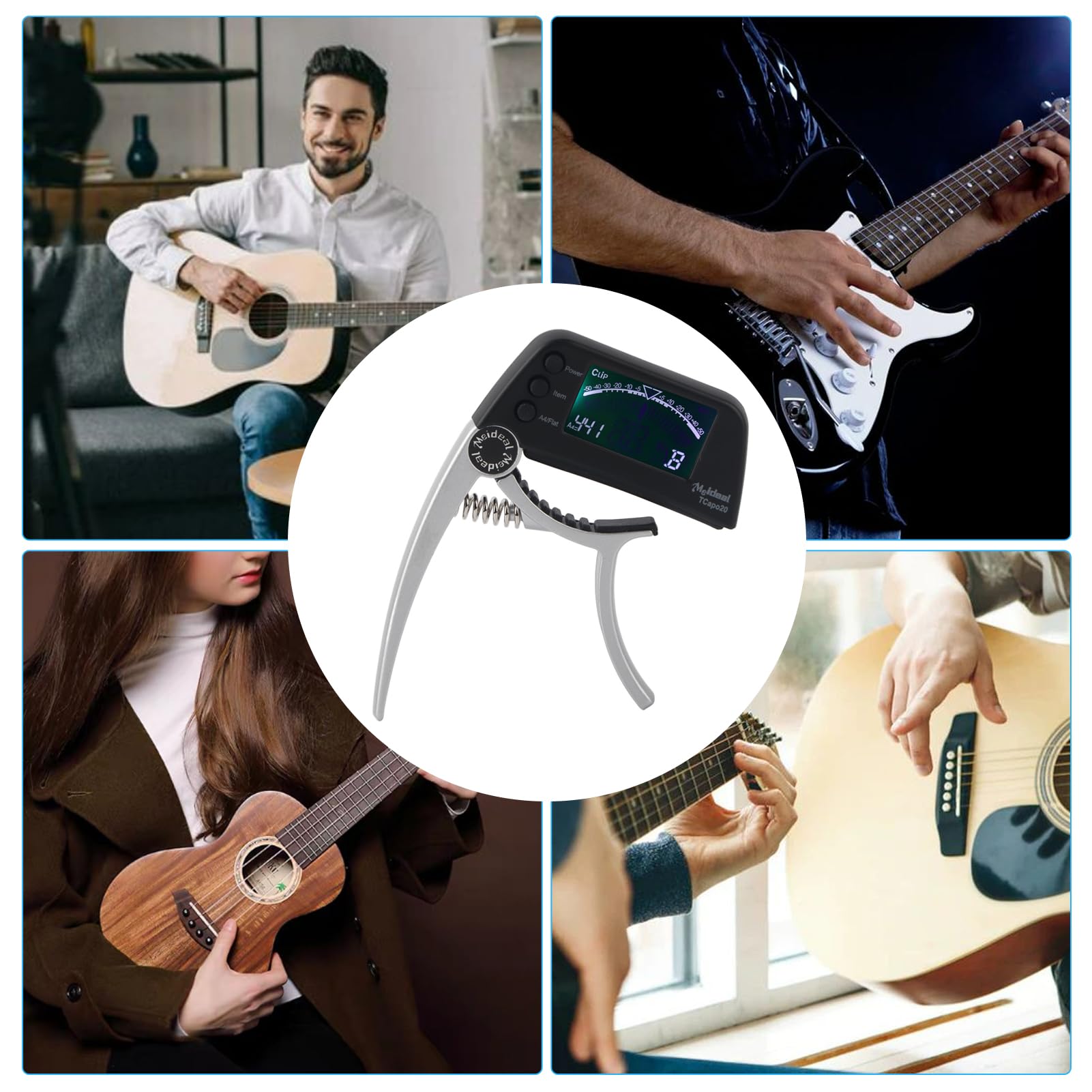 Accordatore per Capotasto Chitarra 2 in 1 Multifunzionale con Display LCD per Basso Cromatico Guitar Capo Accordatore per Chitarra Elettrica Folk Normale(d'oro