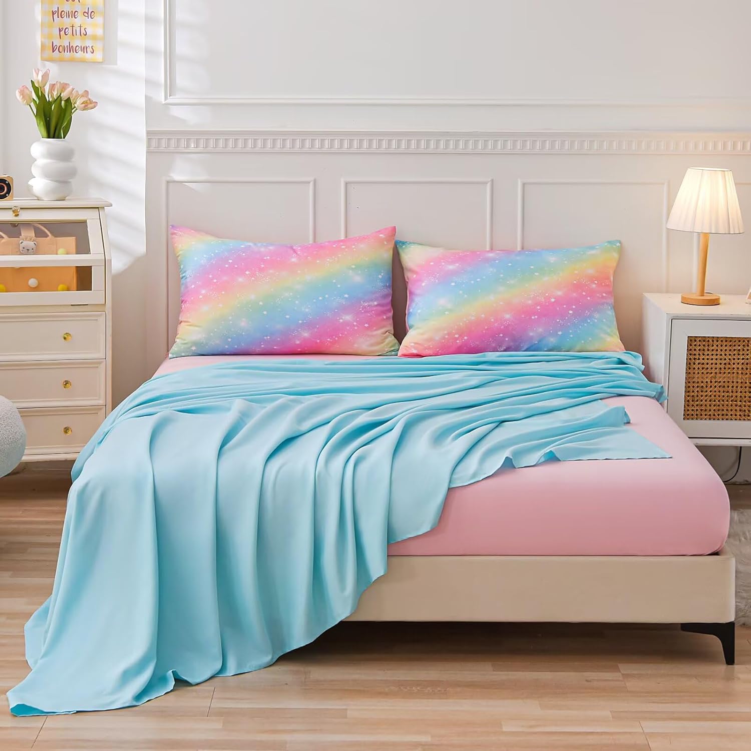 6 Pieces Pink Twin Comforter Set for Girls,Kids Glitter Galaxy Rainbow Bedding Sets Bed in A Bag (1 Comforter, 1 Flat Sheet,1 Fitted Sheet,2 Pillowcases and 1 Cushion Cover)