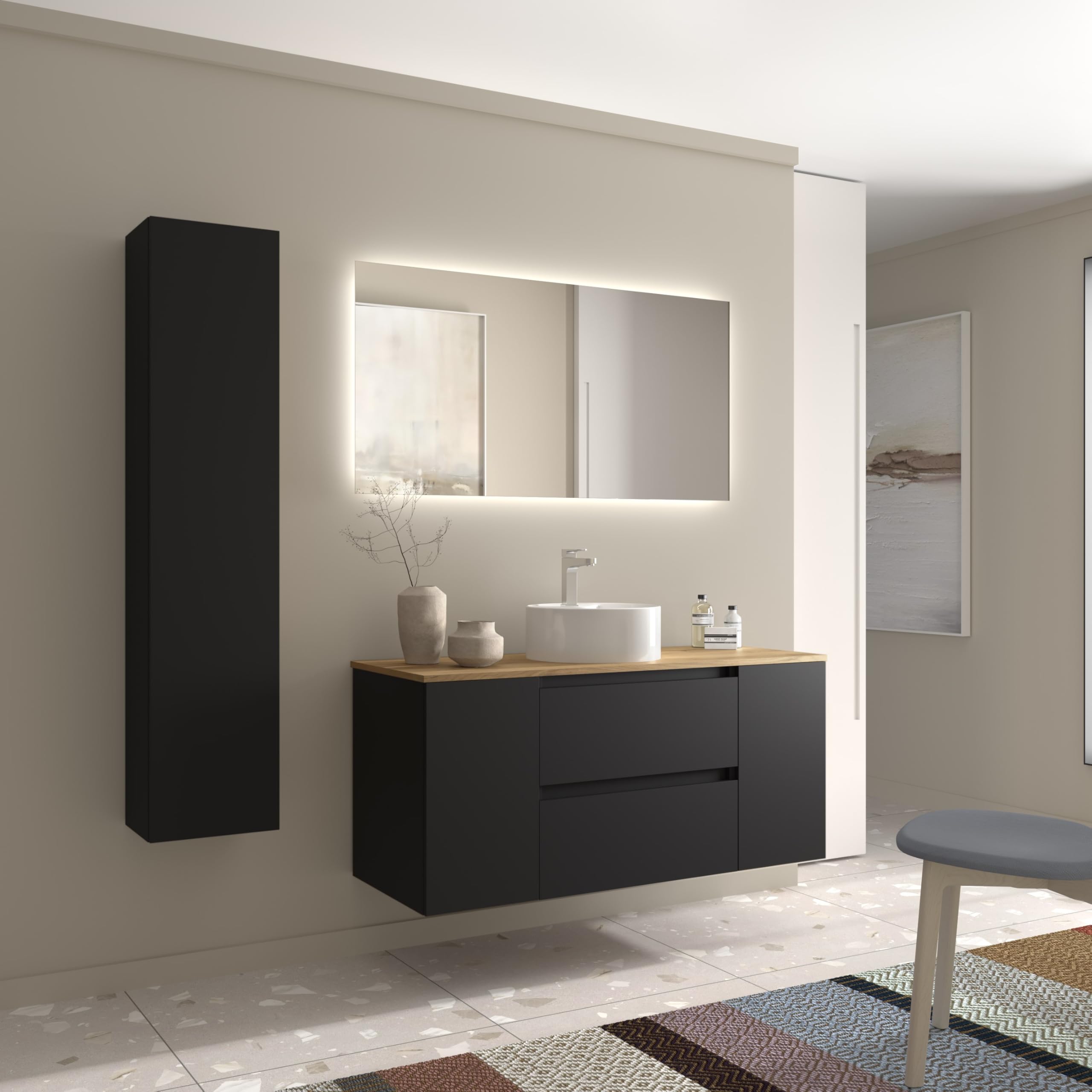 Salgar Mueble de Baño Bequia 120cm + Coqueta 1 Puerta Centrado + Encimera + Lavabo posar| Negro Mate |120x45x56