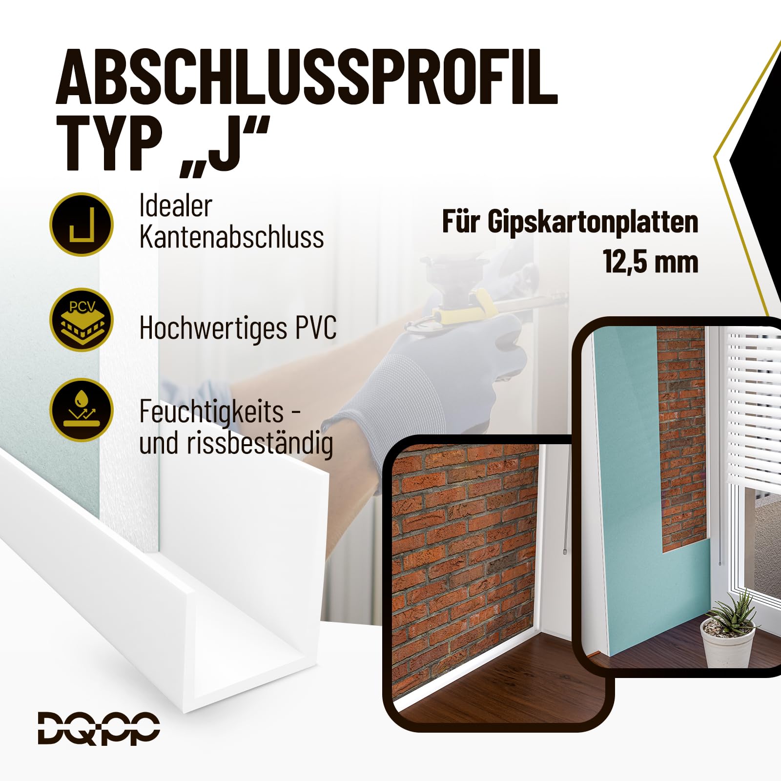 DQ-PP Perfil de cubierta para placas de yeso – Tamaño: 66 x 22 mm – Longitud: 200 m (100 x 2 m) – Color: blanco – Material: PVC – Protección de bordes para placas de yeso de 12,5 mm – perfil de yeso