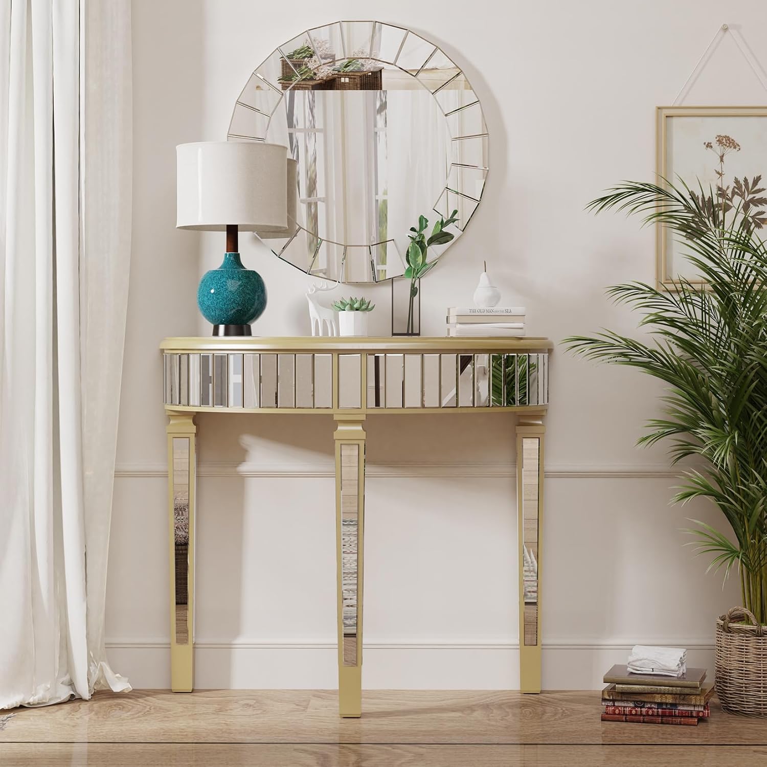 Half-Moon Mirrored Console Table Tall Semi Circle Entryway Desk 3 Legs