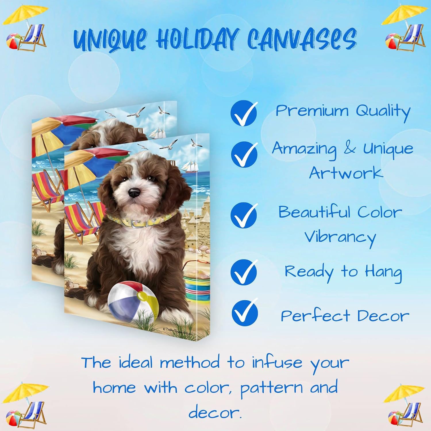 Doggie of the Day Pet Beach with Cockapoo Dogs Canvas Wall Art - Premium Quality Ready to Hang Room Decor - Flat Rolled 16" x 24"