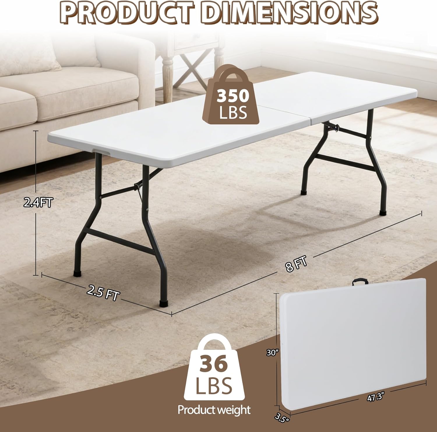 ZENY 8ft Portable Folding Table Plastic Indoor Outdoor Picnic Party Camp Dining Table with Handle, White