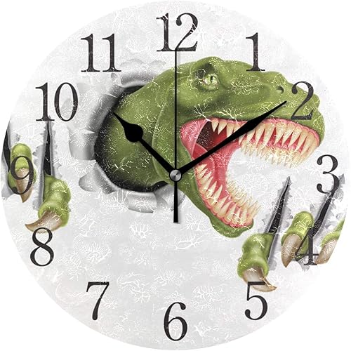 senya Reloj de pared verde dinosaurio silencioso sin tictac operado redondo fácil de leer en casa oficina escuela reloj