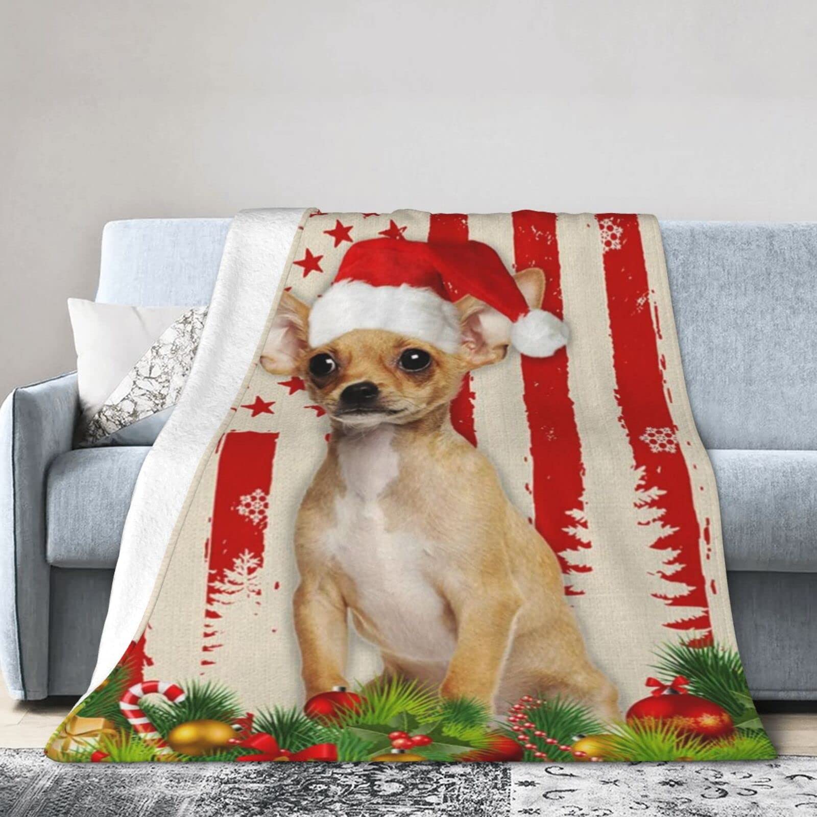 Lsjuee Christmas Flannel Fleece Blanket 50"X40" Chihuahua Christmas Red Sofa Throw Blanket Quality Ultra-Soft Travel Winter Blankets for Boys Keep Warm