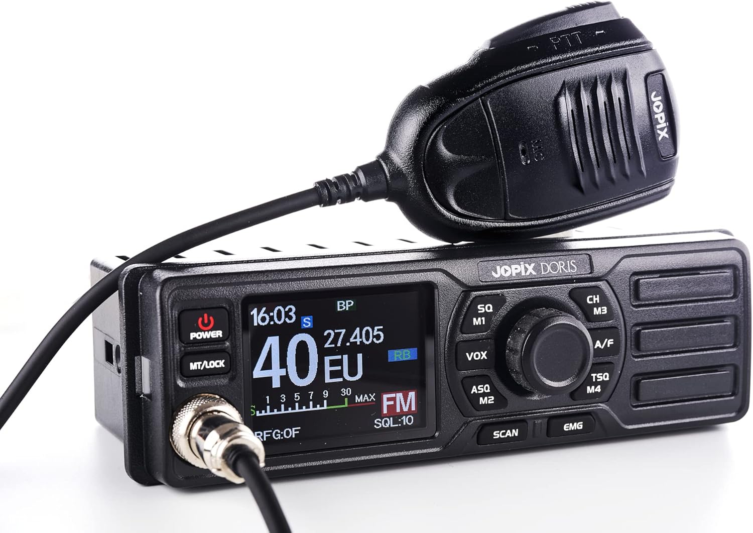 JOPIX Doris CB Radio with the microphone connected, showing the front panel and microphone.
