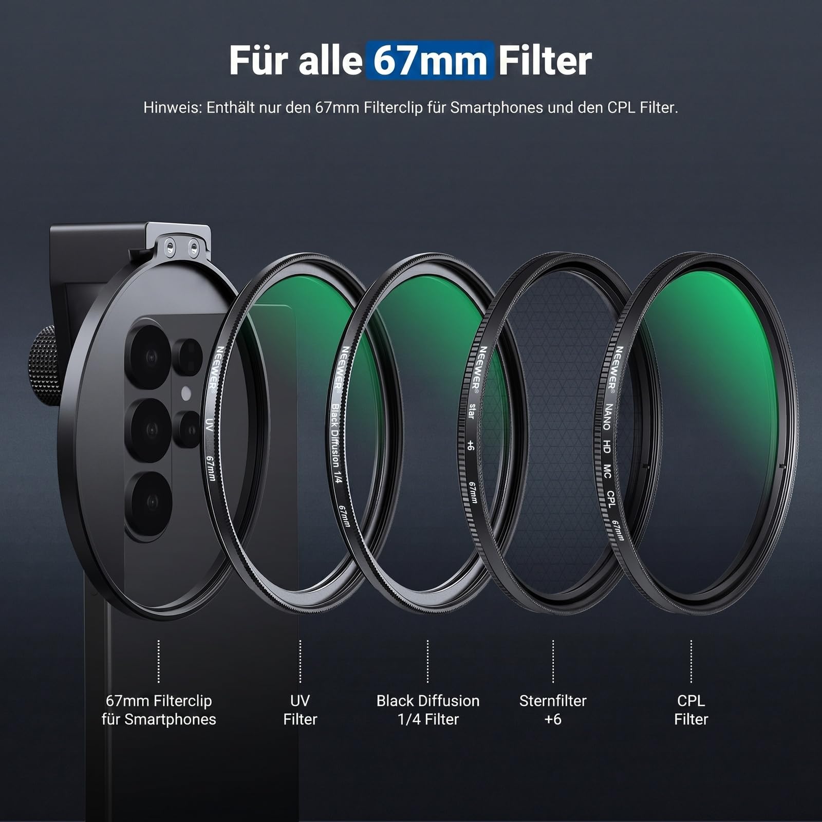 NEEWER 67mm CPL Filter Handy Polfilter mit Cold Shoe Clip, HD zirkularer Polarisationsfilter mit einstellbarer Polarisation, kompatibel mit Android Samsung S26 Ultra iPhone 17 Pro Max und mehr, FL-113
