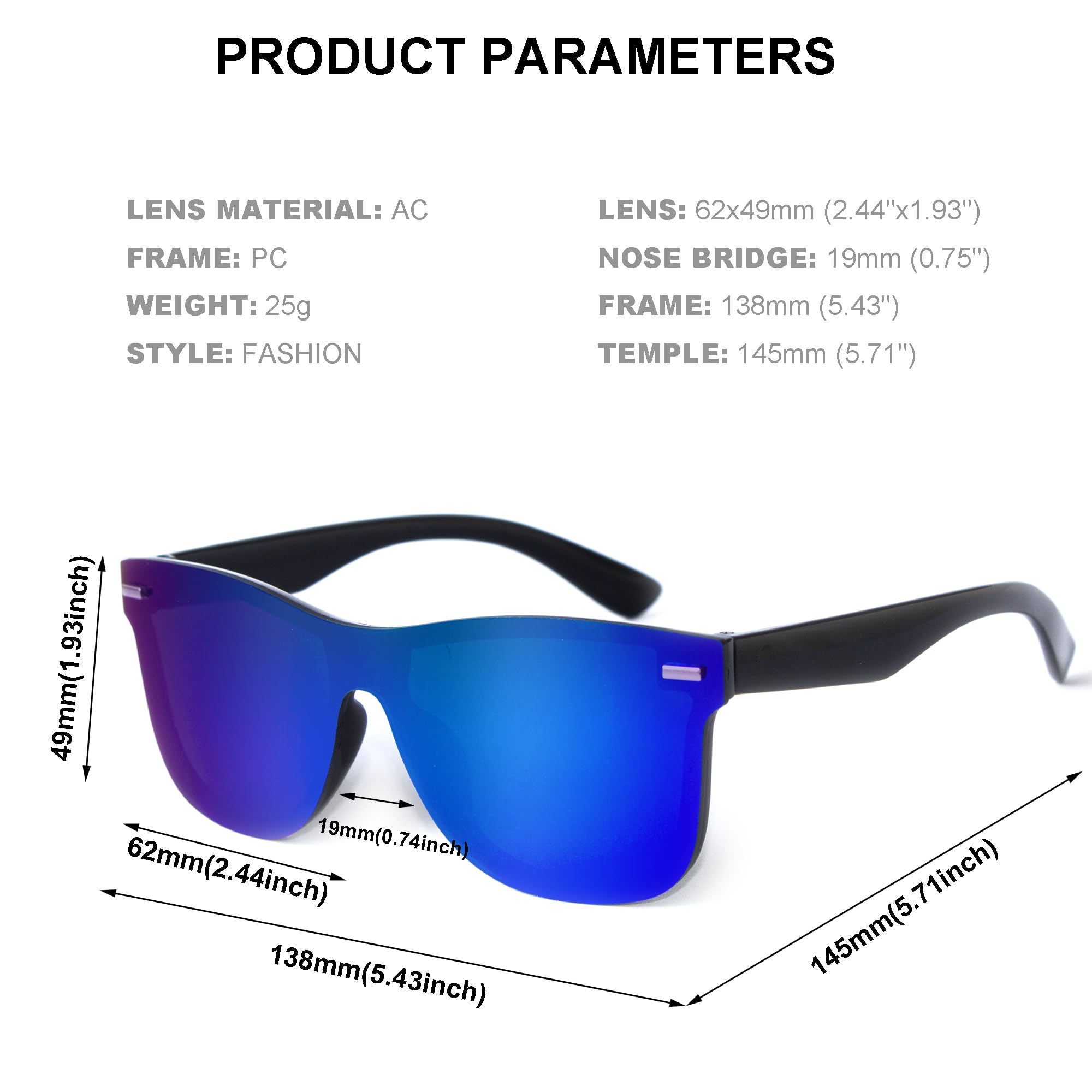 Occhiali da sole monopezzo con lenti a specchio, protezione UV400, senza cornice, per uomini e donne, per guida, viaggi e moda