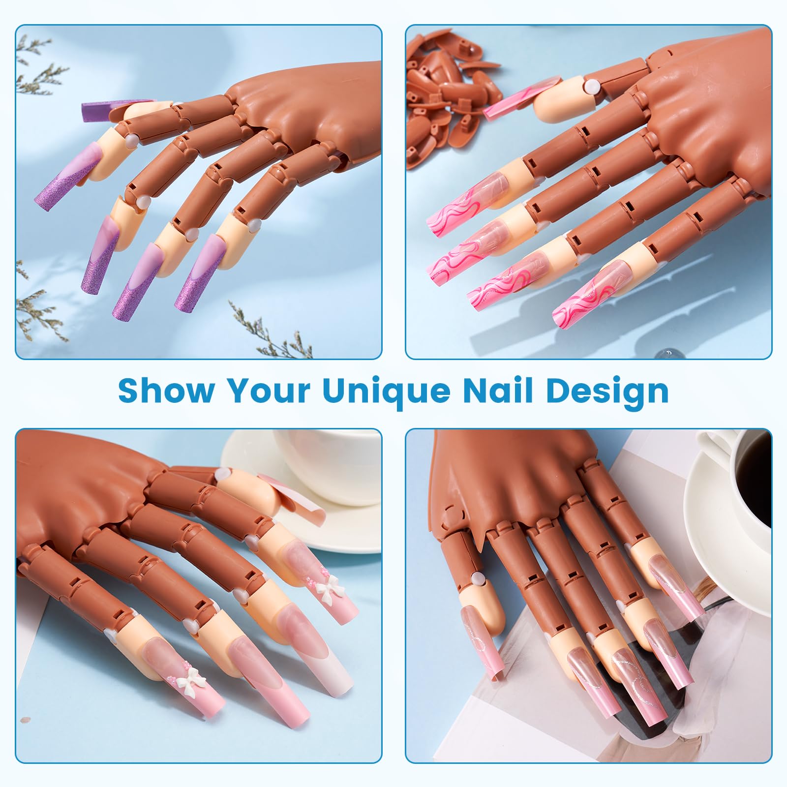 Wilfniee Mano magnetica pratica per unghie acriliche: mano flessibile per praticare unghie finte, kit manicure per principianti, marrone