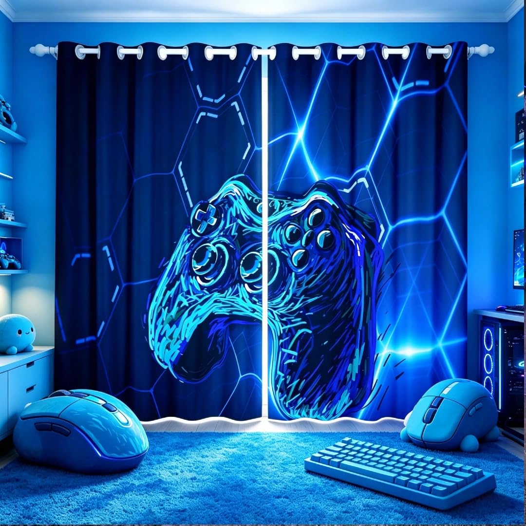 Loussiesd Game Gaming Window Curtains for Bedroom Living Room Gamer Gamepad Curtains for Kids Boys Girls Blue Games Joystick Window Drapes Honeycomb Blue Window Treatments,W52*L63 — image 1