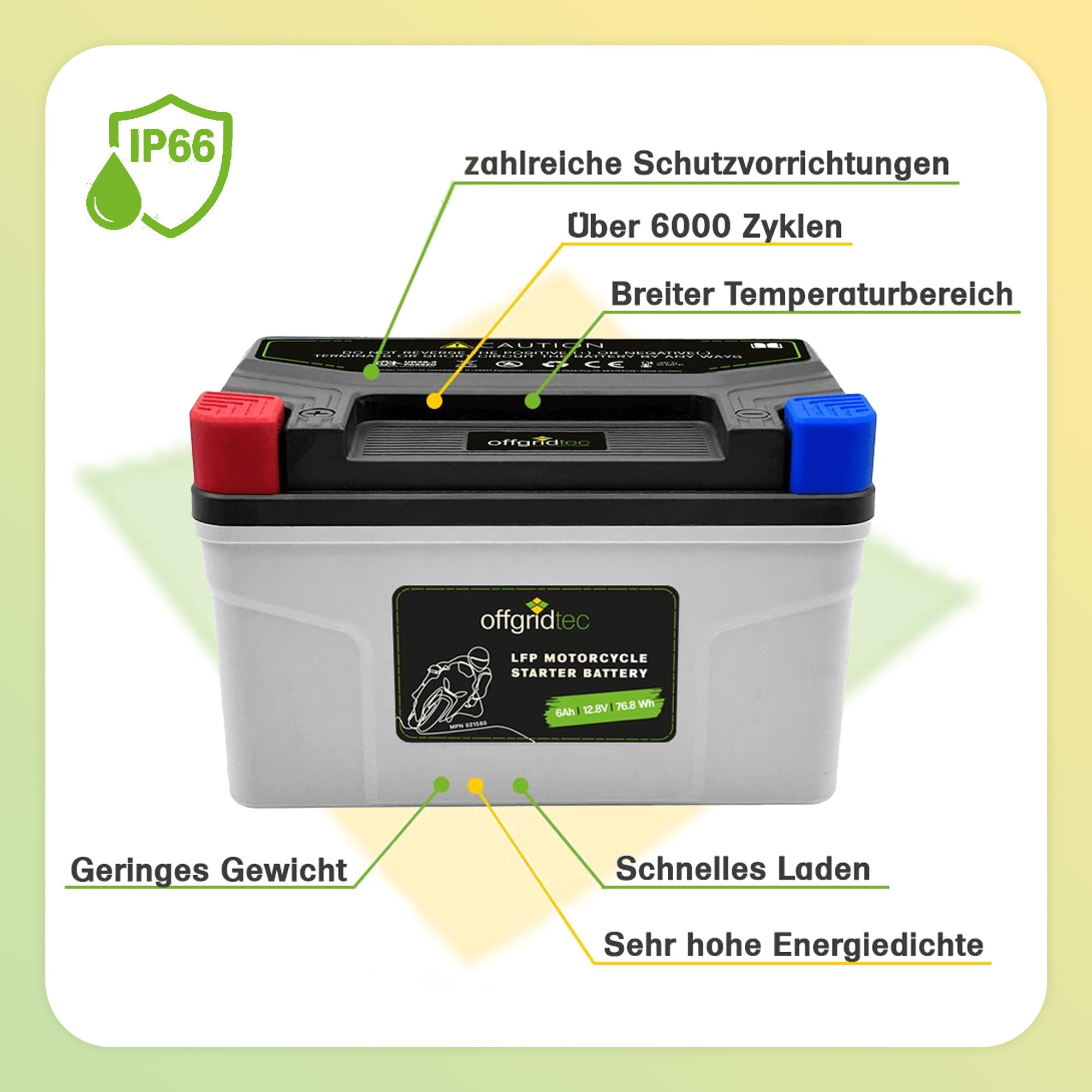 Offgridtec Motorradbatterie LiFePO4 12,8V 6Ah – Lithium Starterbatterie Motorrad, Ersatz für YTX7A-BS, YTZ10S, UTZ10S