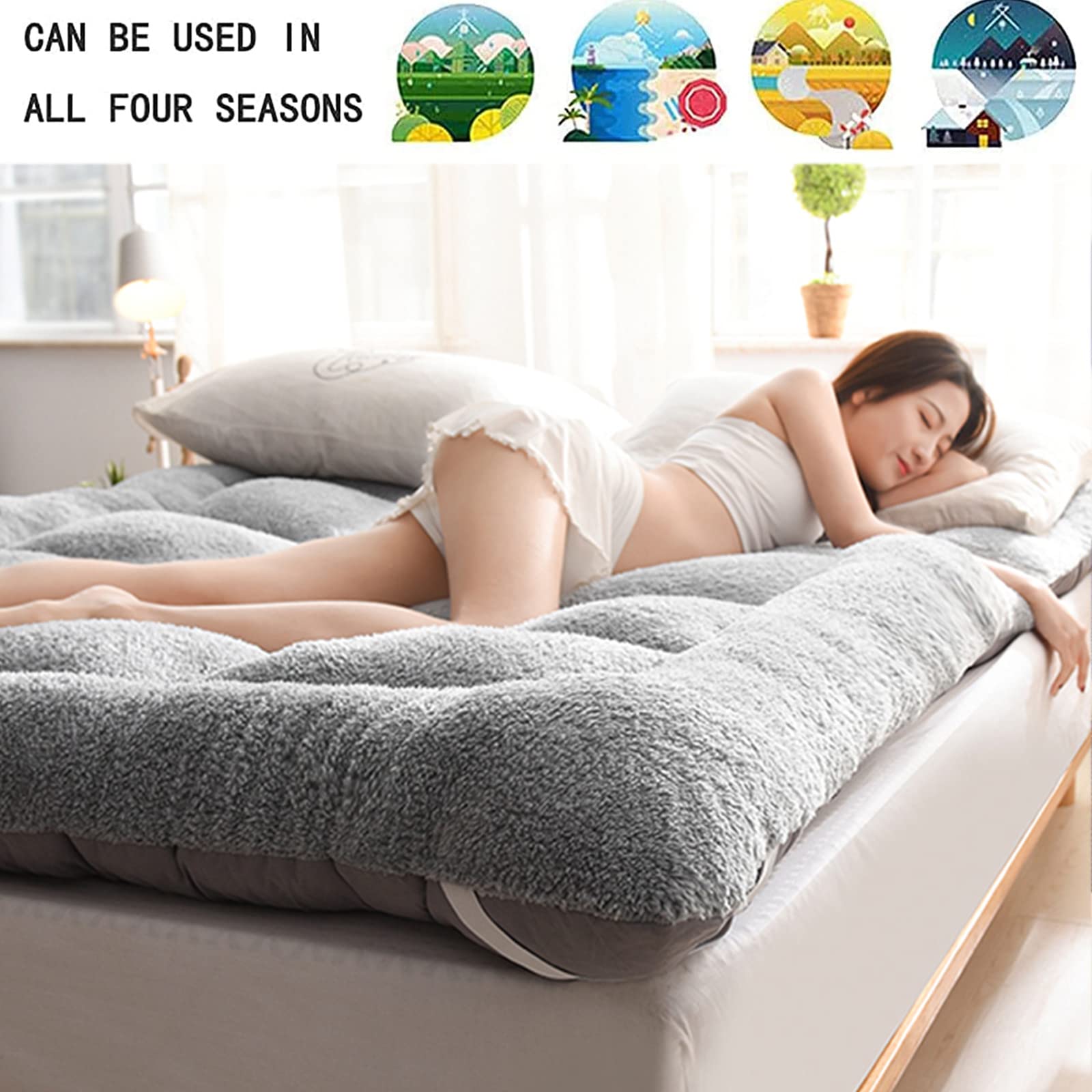 Tragbare Samt-Futon-Matratze, aufrollbar, für Schlafsaal, Gästebett, Camping, Doppelbett, Grau (180 x 200 cm)