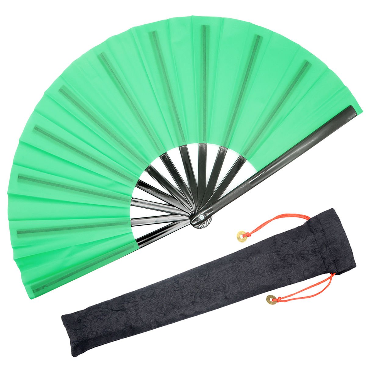 OMyTea Chinese Kung Fu Tai Chi Large Hand Folding Fan for Men/Women - With a Fabric Case for Protection - For Performance/Dance/Fighting/Gift (Green)