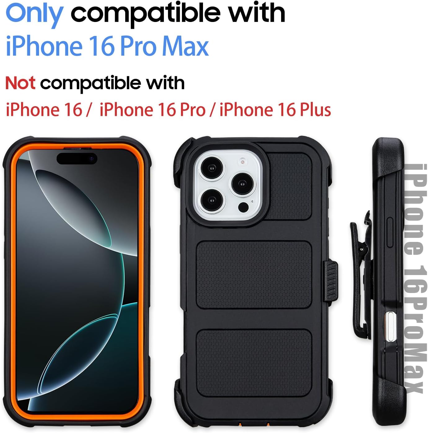 Defender for iPhone 16 Pro Max Case with Clip Holster,Heavy Duty Rugged Full-Body,2 Layers of Sturdy,Anti-Drop,Military-Grade Defender Cover for iPhone 16 Pro Max Phone Case (Black & Orange) - Image 3