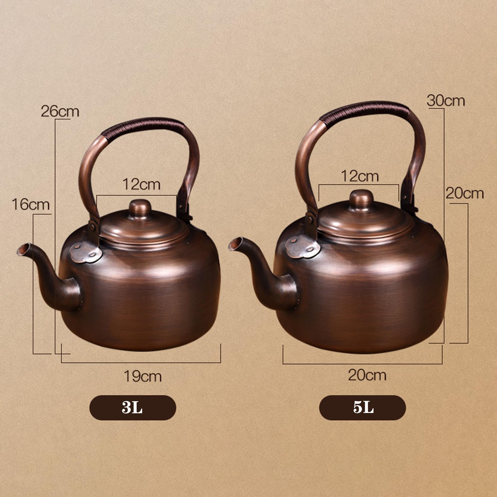 Wasserkessel Pfeifkessel,Handgeschmiedet Aus Verdicktem Reinem Kupfer,Automatische Sirene,Wenn das Wasser Kocht,Geflochtener Seilgriff zum Schutz Vor Verbrühungen,3L/5L (B/3L/No Hooting)