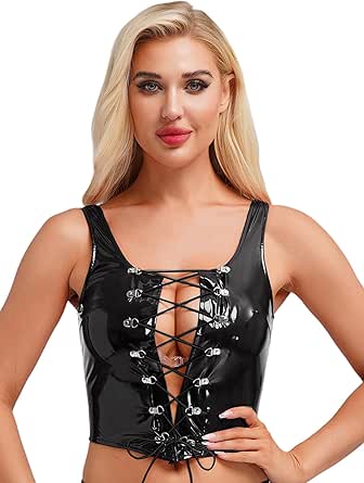 C.O.F® Women's Wet Look PVC Tank Crop Shirt Blouse Ladies Tops Sexy T - Foto 8