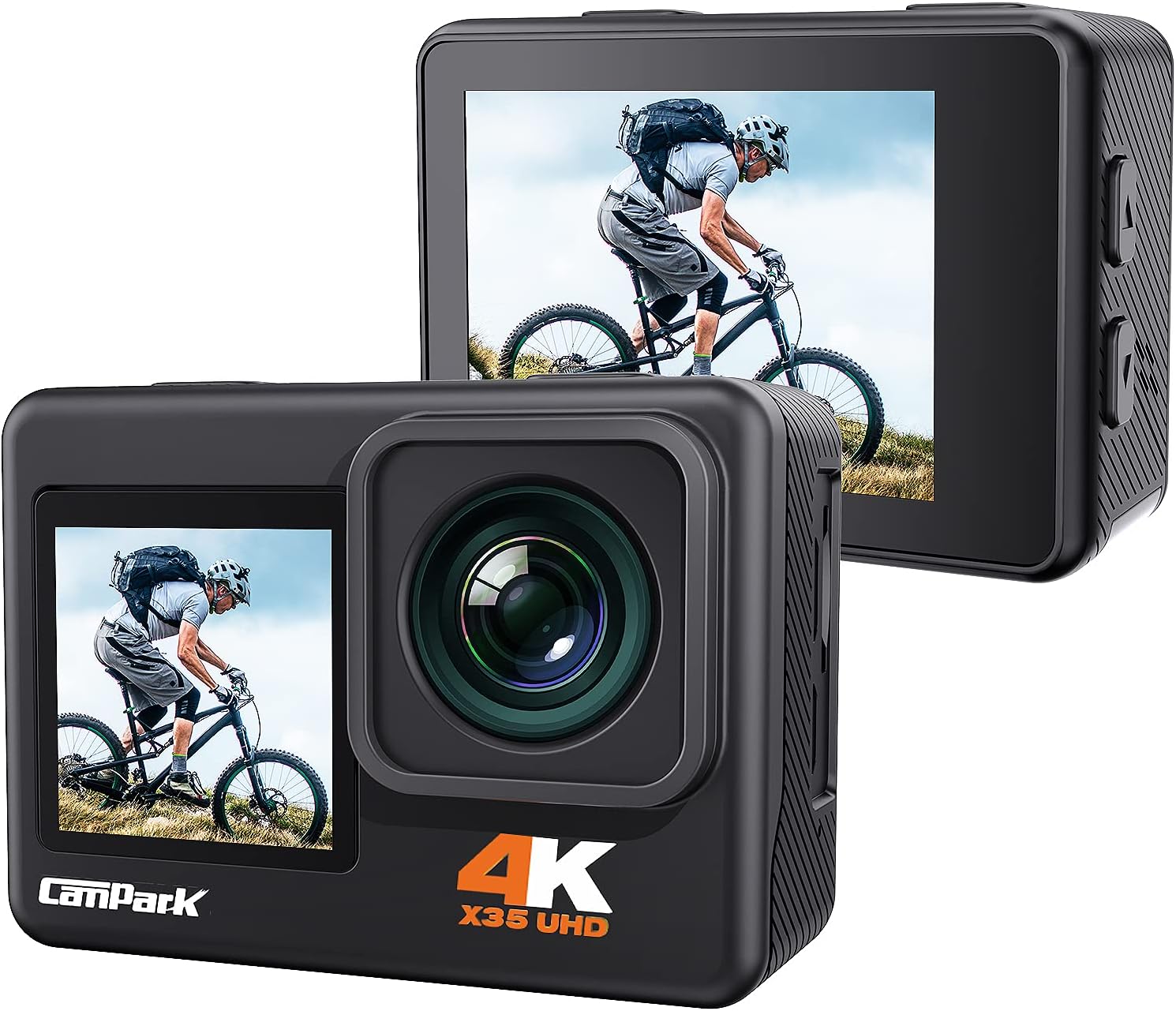 CAMWORLD X35 Action Camera showing front and rear screens