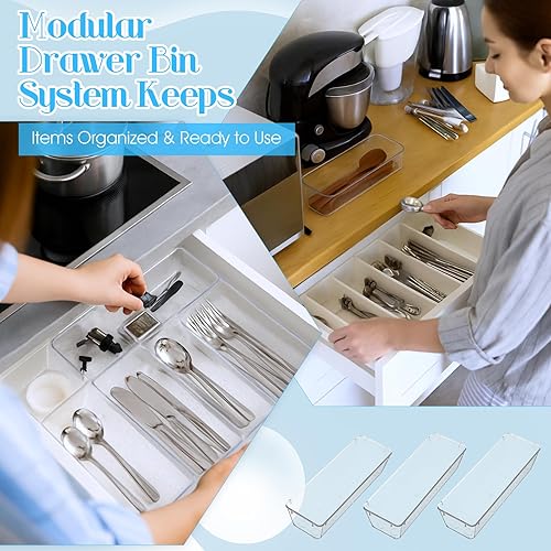 Miniatura 3 de Organizador de cajones de plástico transparente de 9 x 3 x 2 pulgadas, para cocina, baño, nevera, utensilios, tocador, cajón, bandeja organizadora