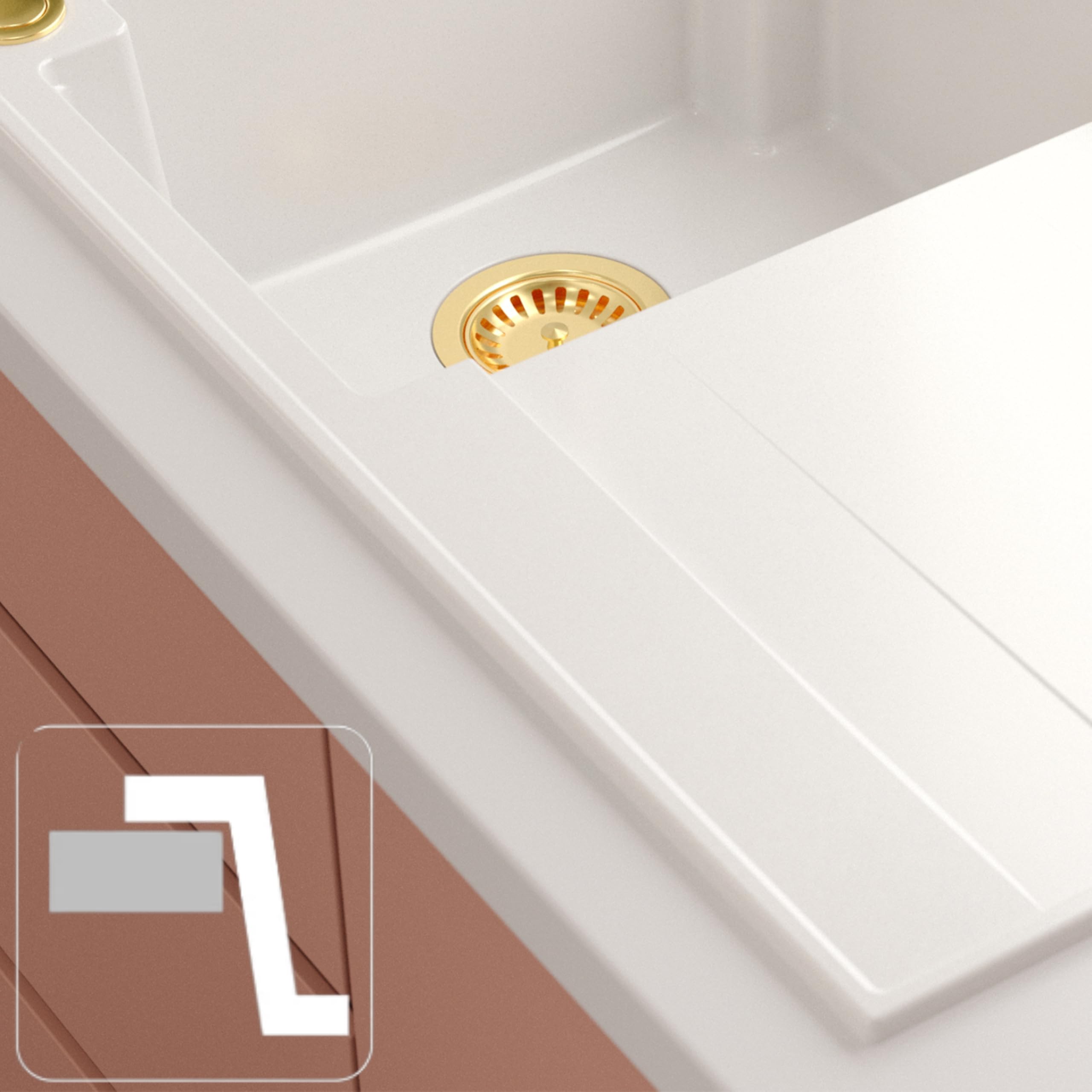 QUADRON fregadero doble cubeta blanco, EVAN 121 GraniteQ, fregadero de granito de 2 cubetas en 1160x500x210 mm, Push 2 Open fregadero con sifón y escurridor, elementos de cobre PVD