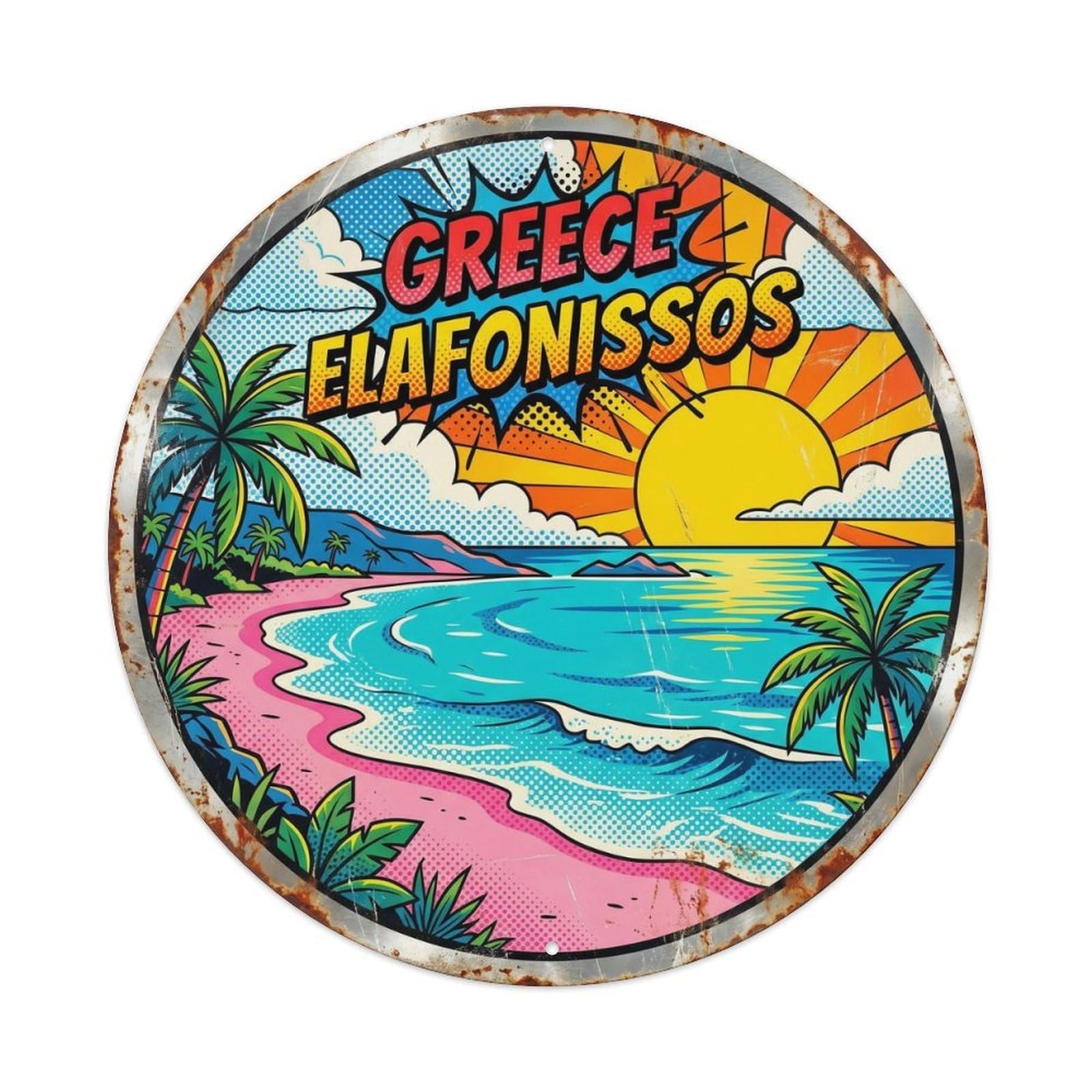 Elafonissos Pink Greek Bold Color Heritage Destination Metal Tin Sign