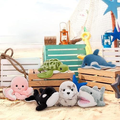 Miniatura 5 de MaoGoLan 6 juguetes de peluche de animales marinos para niños, grandes recuerdos de fiesta a granel con ballena de peluche de 10 pulgadas, ballena,