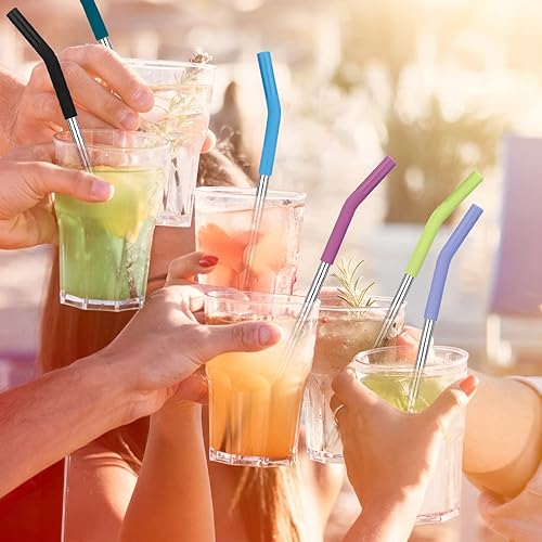Miniatura 6 de Juego de 6 pajitas de metal reutilizables de acero inoxidable con puntas flexibles de silicona, 6 popotes de acero, 6 puntas de silicona, 1 cepillo