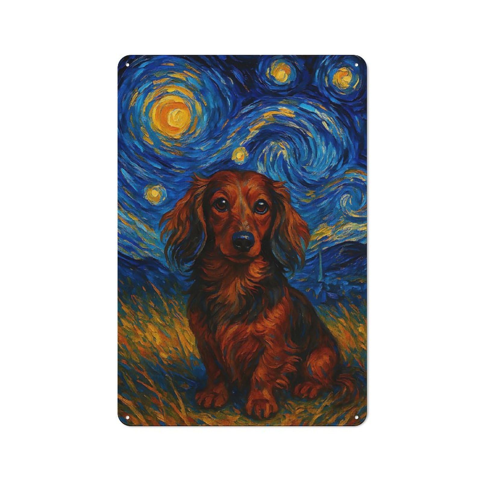 Junmoney Style-9 Longhaired Dachshund Starry Night Vintage Metal Wall Decor 30X20cm, Cafe Metal Sign For Tea Room, Shop Wall Or Breakfast Area